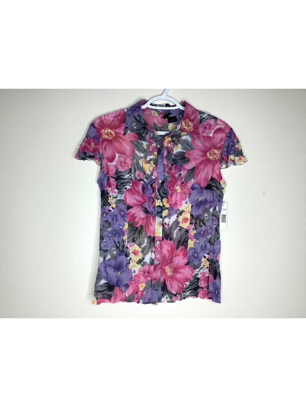 NWT New Directions Floral Sheer Mesh Button Up Blouse